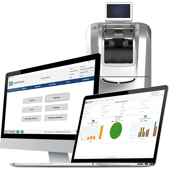 A cash recycler with some computer screens showing cash software.